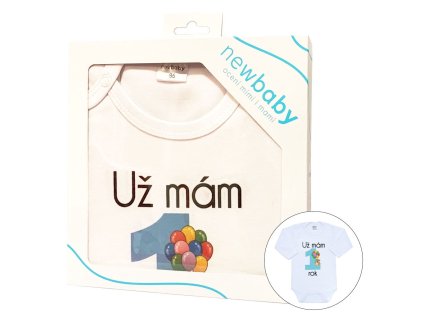 Body s potiskem New Baby Už mám 1 rok modré - dárkové balení (Barva Modrá, Velikost 86 (12-18m))