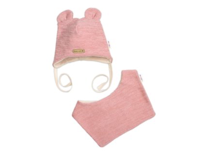 Pletená čepice s bavlněnou podšívkou a šátkem 2v1, Teddy Hand made - růžová (Velikost 56/62 (0-3m))