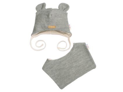 Pletená čepice s bavlněnou podšívkou a šátkem 2v1, Teddy Hand made - šedá (Velikost 56/62 (0-3m))