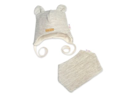 Pletená čepice s bavlněnou podšívkou a šátkem 2v1, Teddy Hand made - světle béžová (Velikost 56/62 (0-3m))