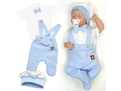 Bavlněná souprava Gentleman 3D, body kr. rukáv, polodupačky s láclem + čepička, modrá/bílá (Velikost koj oblečení 56 (1-2m))