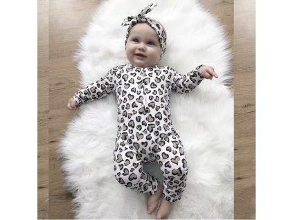 2-dílná dívčí kojenecká souprava overal a čelenka Leopard