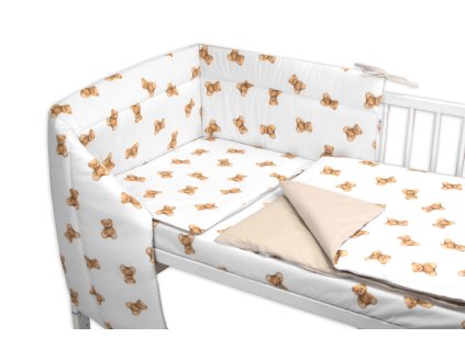 Mantinel s povlečením do postýlky, 3D sada Bavlna, Míša - bílá s potiskem (Velikost povlečení 120x90)