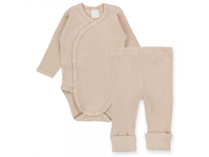 Zavinovací žebrované body + tepláčky, 2D sada MBaby, béžové (Velikost koj oblečení 68 (3-6m))