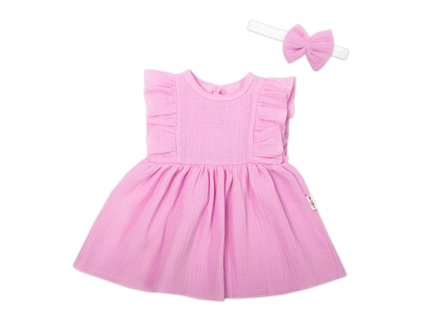 Baby Nellys 2-dílná sada mušelínové šatičky + čelenka, růžové (Velikost 56 (1-2m))