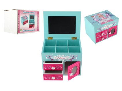 Skříňka šperkovnice Princess 3 zásuvky odklápěcí vrch se zrcátkem dřevo 16x12,5x12cm v krabici