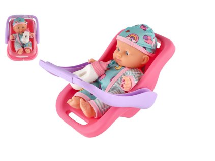 Panenka miminko 20 cm plast v nosítku/autosedačce s lahvičkou v blistru