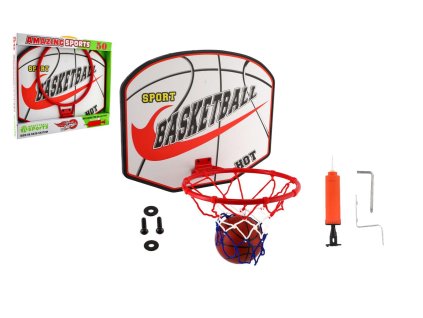 Basketbalový koš dřevo/kov/síťka/míč s pumpičkou v krabici 49x42x4cm