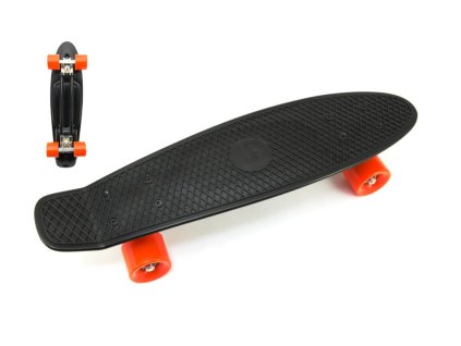 Skateboard - pennyboard 60cm nosnost 90kg, kovové osy, černá barva, oranžová kola
