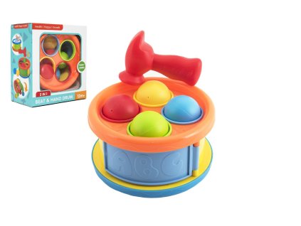 Zatloukačka/Bubínek 17cm 2v1 plast s kladívkem s míčky 4ks y v krabici 18x20x10cm 12m+