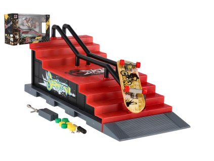 Skatepark - skateboard prstový šroubovací s rampou plast 8cm s doplňky mix druhů v krabici 28x18cm