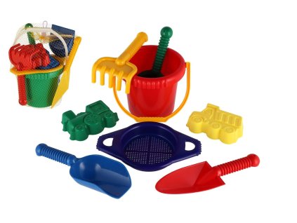 Kbelík sítko lopatka kupecká lopatka hrabičky plast v síťce 20x28x12cm 12m+