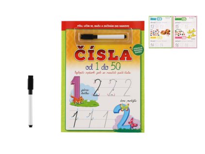Čísla od 1 do 50 se stíratelnými listy + popisovač 21x28cm