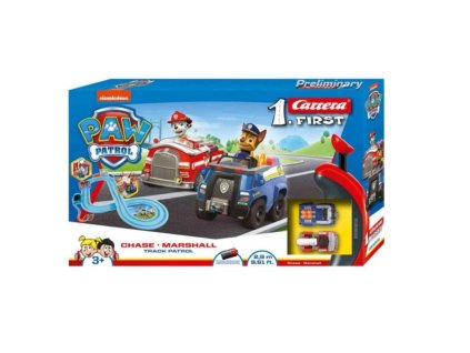 Autodráha Carrera First Paw Patrol/Tlapková Patrola 2,9m plast +2 auta na bat. v krabici 50x30x7cm