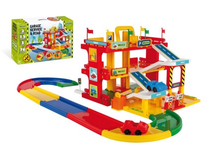 Garáž servis 3 patra + dráha 1,5m + 2 auta plast v krabici 59x40x15cm Wader
