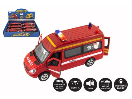 Auto hasiči záchranáři kov/plast 15cm na baterie se světlem se zvukem na zpětné natažení
