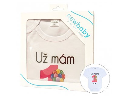 Body s potiskem New Baby Už mám 1 rok růžové - dárkové balení (Barva Růžová, Velikost 80 (9-12m))
