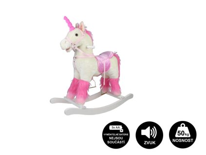 Kůň houpací bílý jednorožec plyš na baterie 71cm se zvukem a pohybem nosnost 50kg v krab. 62x56x19cm