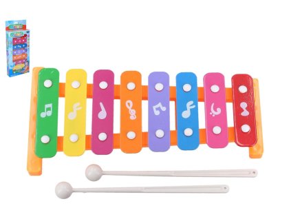 Xylofon 26cm kov/plast + 2 paličky 3 barvy v krabici 13,5x32x4cm