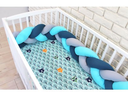 Baby Nellys Mantinel pletený cop s povlečením Lesík - tyrkys, šedá (Velikost povlečení 135x100)
