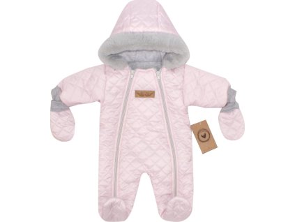 Z&Z Zimní prošívaná kombinéza s kožešinou a kapucí + rukavičky - sv.růžová (Velikost 56 (1-2m))