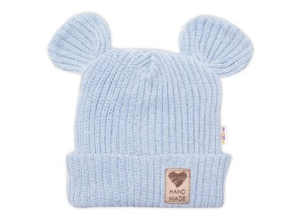 Pletená bavlněná čepice s oušky, dvouvrstvá, Hand Made Baby Nellys, modrá (Velikost 56/62 (0-3m))