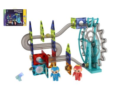 Kuličková dráha magnetická plast 80ks 16 kuliček + doplňky na baterie se světlem v krabici 47x35x9cm