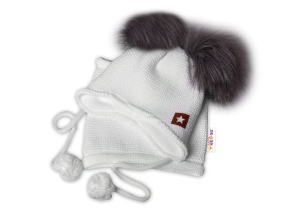 Zimní čepice s fleecem a chlupáčkové bambulky Star + komínek - bílá, BABY NELLYS (Velikost 98-104 (2-4r))