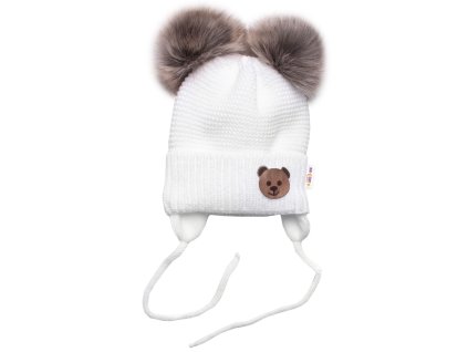 detska zimni cepice s fleecem teddy bear chlupack bambulky bila seda