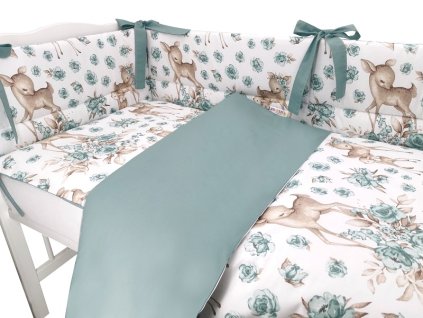 BABY NELLYS 3-dílná sada Mantinel s povlečením, Srnka a růže, mátová (Velikost povlečení 135x100)
