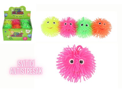 Míček chlupatý antistresový mačkací silikon 8 cm na baterie se světlem 4 barvy (1 ks)