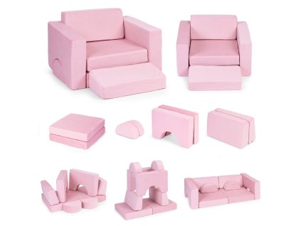 kreativni detska pohovka z mekkych polstaru skladaci modularni set 8 dilu ruzova