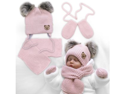 detska sada zimni cepice s salou rukavicky 3d teddy bear pudrove ruzova