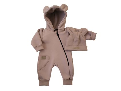 Oteplený dětský overal bez šlapek s kapucí + čepička, 2D, kakao (Velikost 62 (2-3m))
