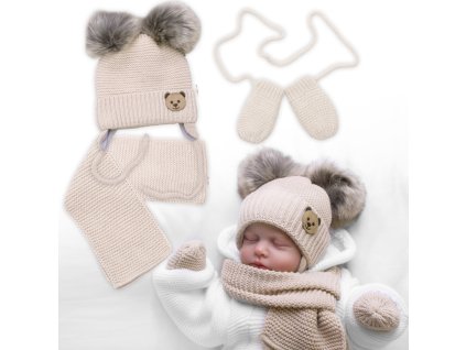 detska sada zimni cepice s salou rukavicky 3d teddy bear bezova