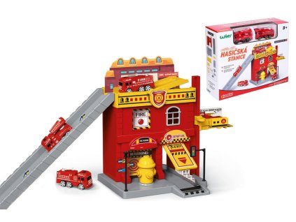 Hasičská stanice s autíčky 2ks + doplňky plast v krabici 28x24cm