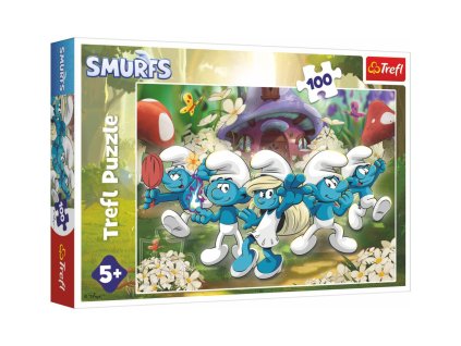 Puzzle Seznamte se se Šmouly 100 dílků 41x27,5cm v krabici 28,5x19x4cm