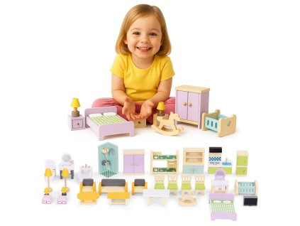 dreveny nabytek a doplnky do domecku pro panenky sada 30 ks
