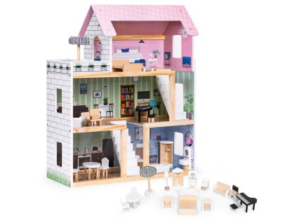 dreveny domecek pro panenky s terasou 3 patra 15 ks nabytku