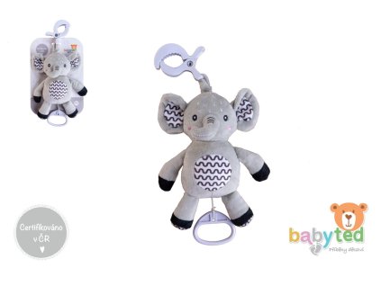 Slon babyted natahovací hrací strojek plyš 30cm závěs na postýlku/kočárek na kartě v sáčku 0m+