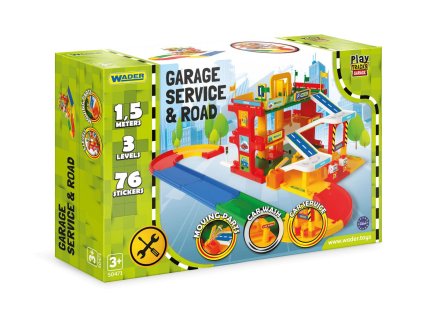 Garáž servis 3 patra + dráha 1,5m + 2 auta plast v krabici 59x40x15cm Wader
