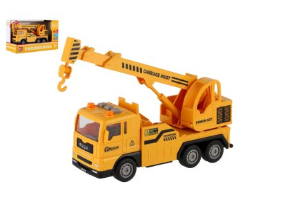 Auto jeřáb plast 16cm na setrvačník na baterie se světlem se zvukem v krabici 21x13x9cm