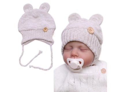 Pletená čepice s oušky na zavazování Made with Love, béžový melírek (Velikost 80/86 (12-18m))