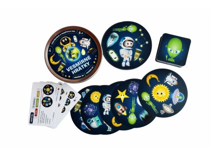 Vesmírné hrátky 2v1 společenská hra v plechové krabičce 10x4cm