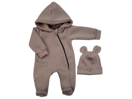 Oteplený dětský overal se šlapkama a kapucí + čepička, 2D, Kazum, čokoládový (Velikost 56 (1-2m))