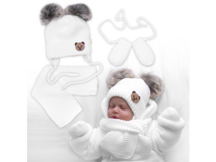 detska sada zimni cepice s salou rukavicky 3d teddy bear bila