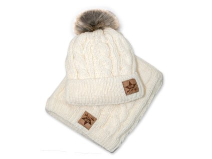 BABY NELLYS Zimní pletená čepice s bambulí + komínek, smetanová (Velikost 92/98 (18-36m))
