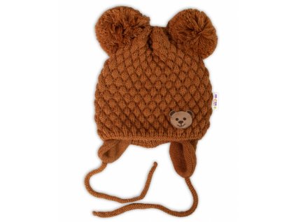 BABY NELLYS Zimní pletená čepice Teddy Bear na zavazování, hnědá