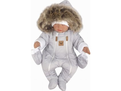 Z&Z Zimní kombinéza s dvojitým zipem, kapucí a kožešinou + rukavičky, Angel - šedý