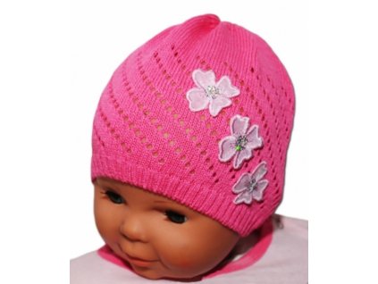 Háčkovaná čepička Kytičky Baby Nellys ® - tm. růžová (Velikost koj oblečení 56-68 (0-6 m))